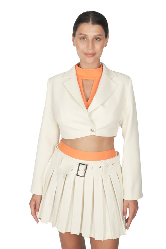 Bej Crop Blazer Ceket Etek Takım