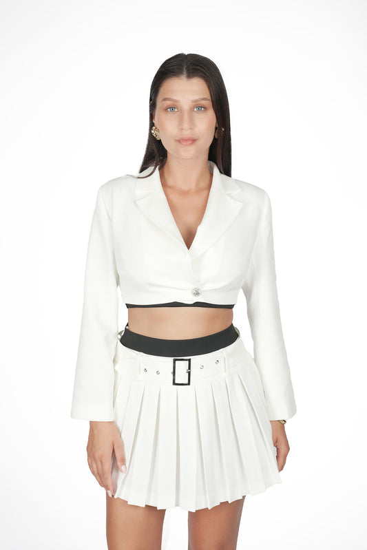 Beyaz Crop Blazer Ceket Etek Takım