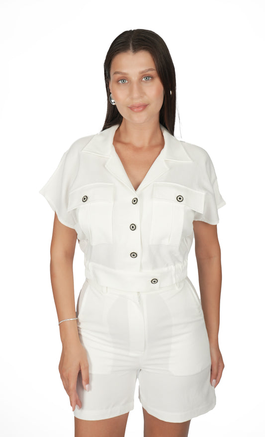 Beyaz Şortlu Keten Takım