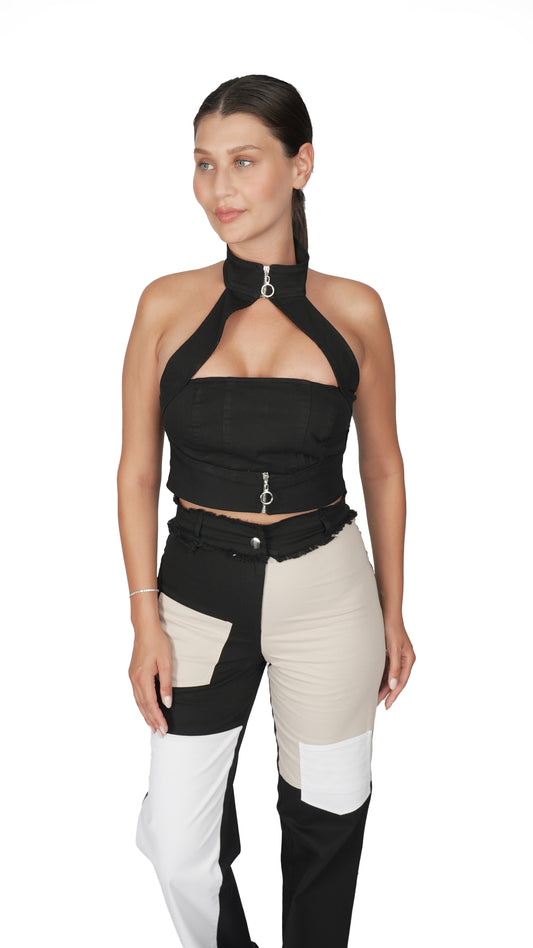 Siyah Bej  Parçalı Yüksek Bel Kot Pantolon