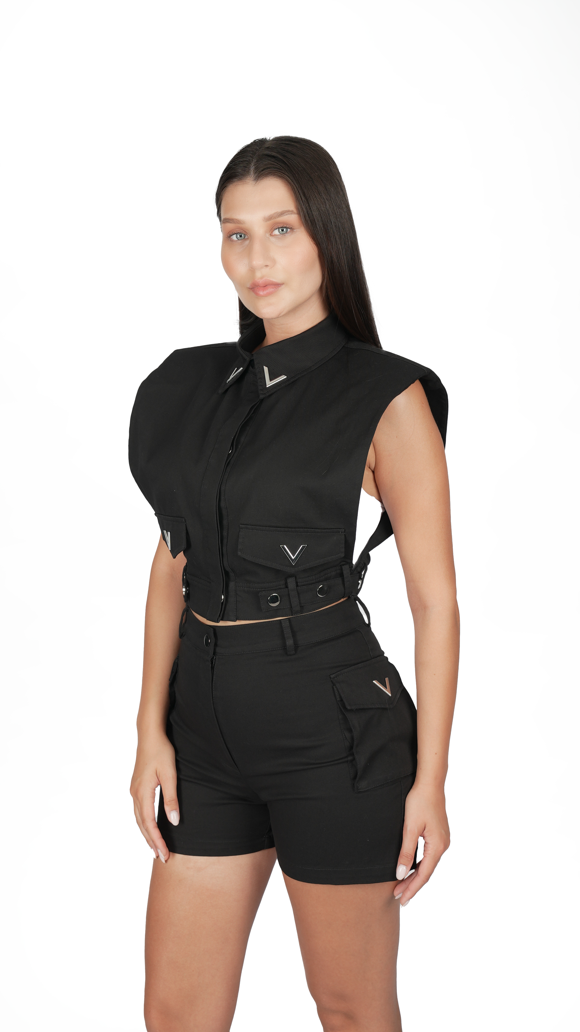 Siyah Dekolteli Şortlu Kot Takım.