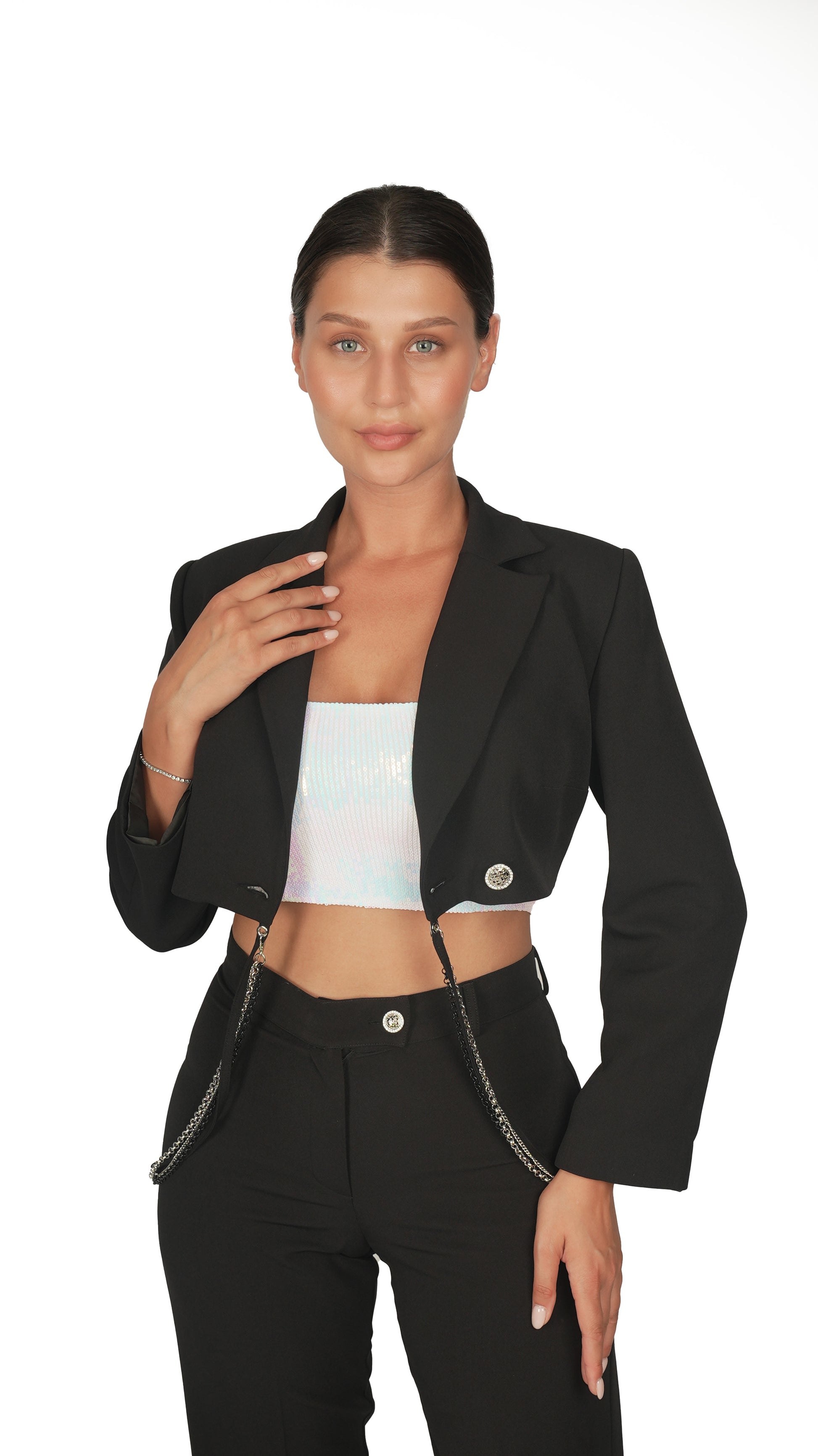 Siyah Zincir Detaylı Crop Blazer Ceket Pantolon Takım.