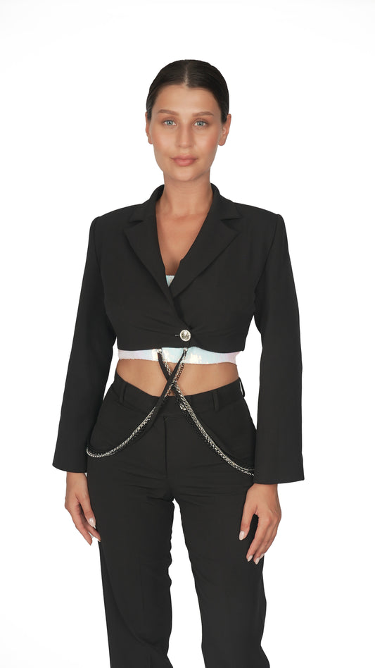 Siyah Zincir Detaylı Crop Blazer Ceket Pantolon Takım.