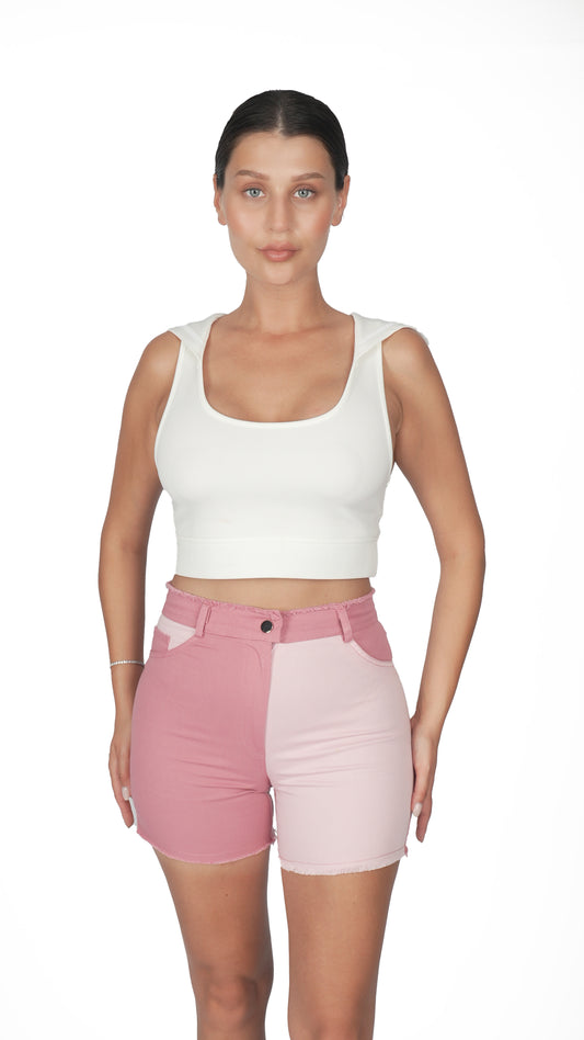Pembe Parçalı Kot Şort