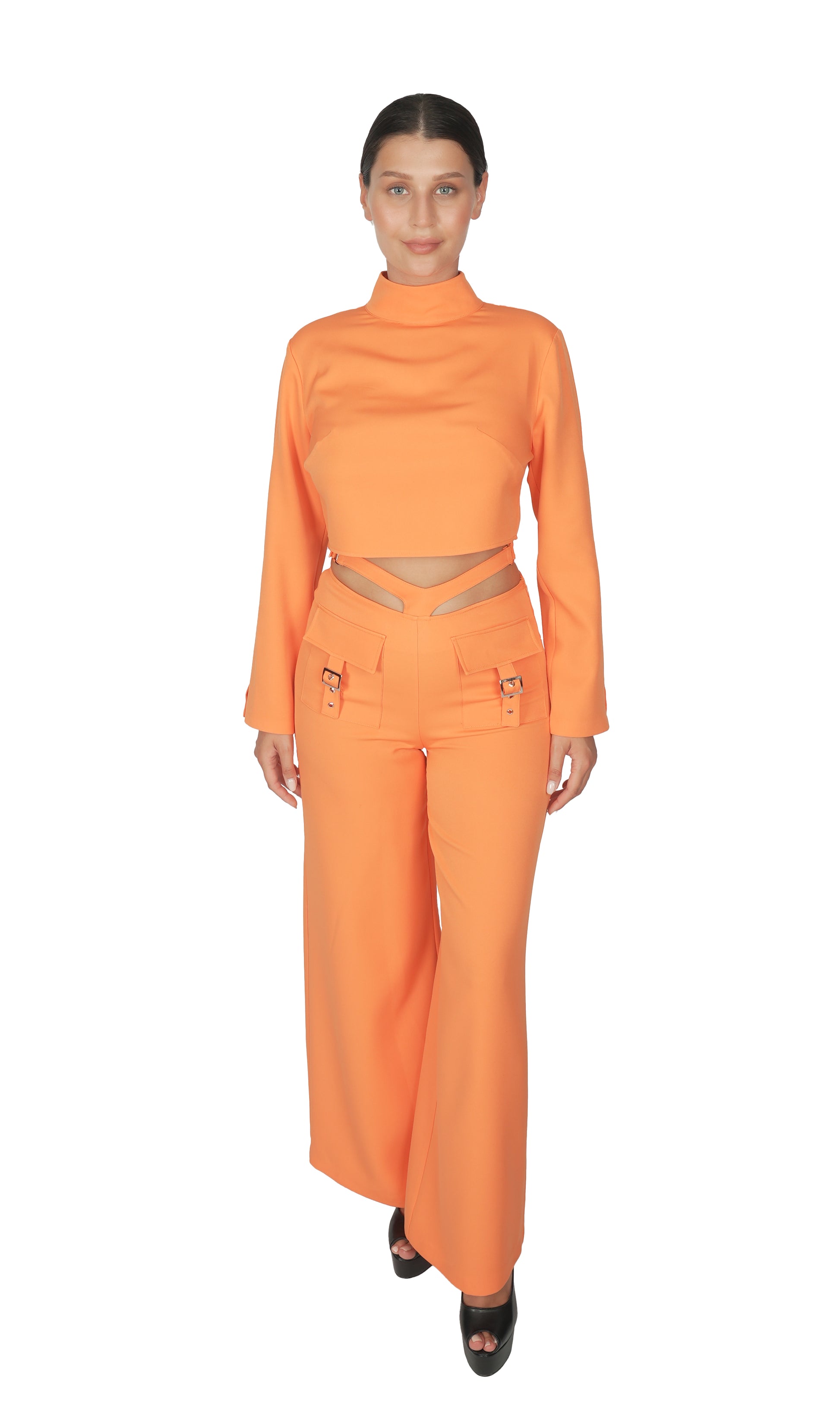 Turuncu Uzun Kollu Kemer Detaylı Takım.