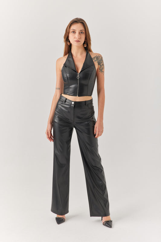 Siyah Yüksek Bel Deri Pantolon.