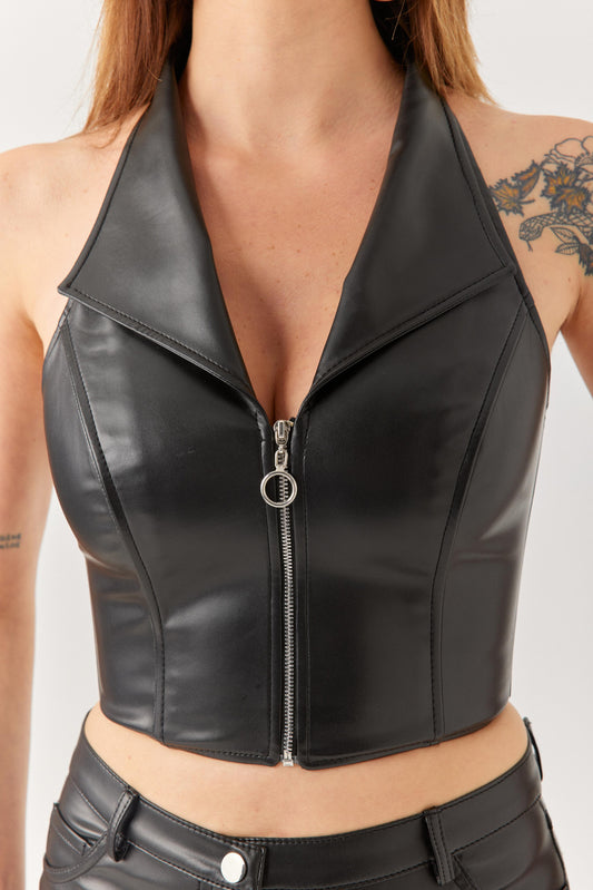 Siyah Yakalı Deri Yelek Büstiyer.