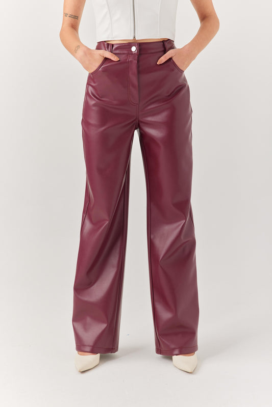 Mor Yüksek Bel Deri Pantolon
