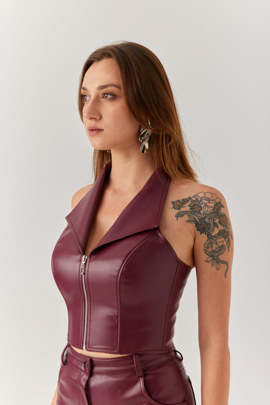 Mor Yakalı Deri Yelek Büstiyer