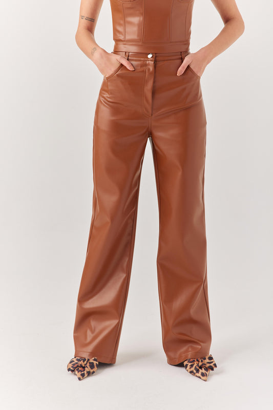 Kahverengi Yüksek Bel Deri Pantolon