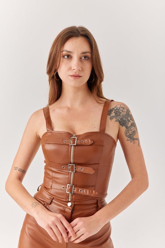 Kahverengi Tokalı Deri Büstiyer