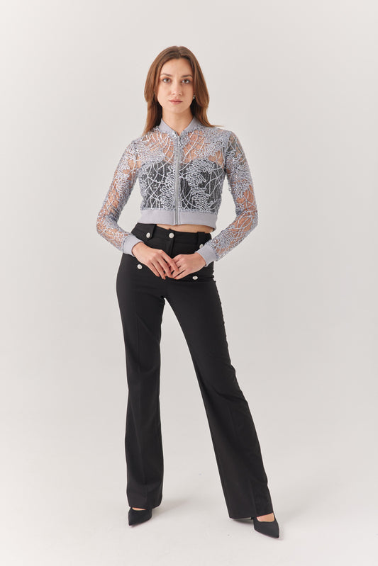 Gri Payetli Dantel Hırka