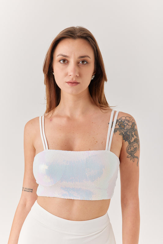 Beyaz Askılı Payetli Crop Top