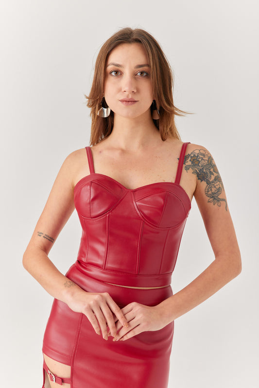 Kırmızı Askılı Deri Büstiyer