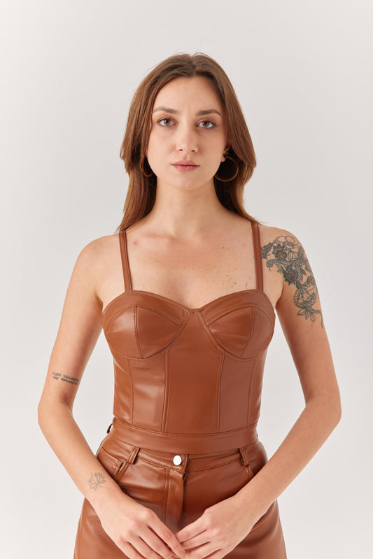 Kahverengi Askılı Deri Büstiyer